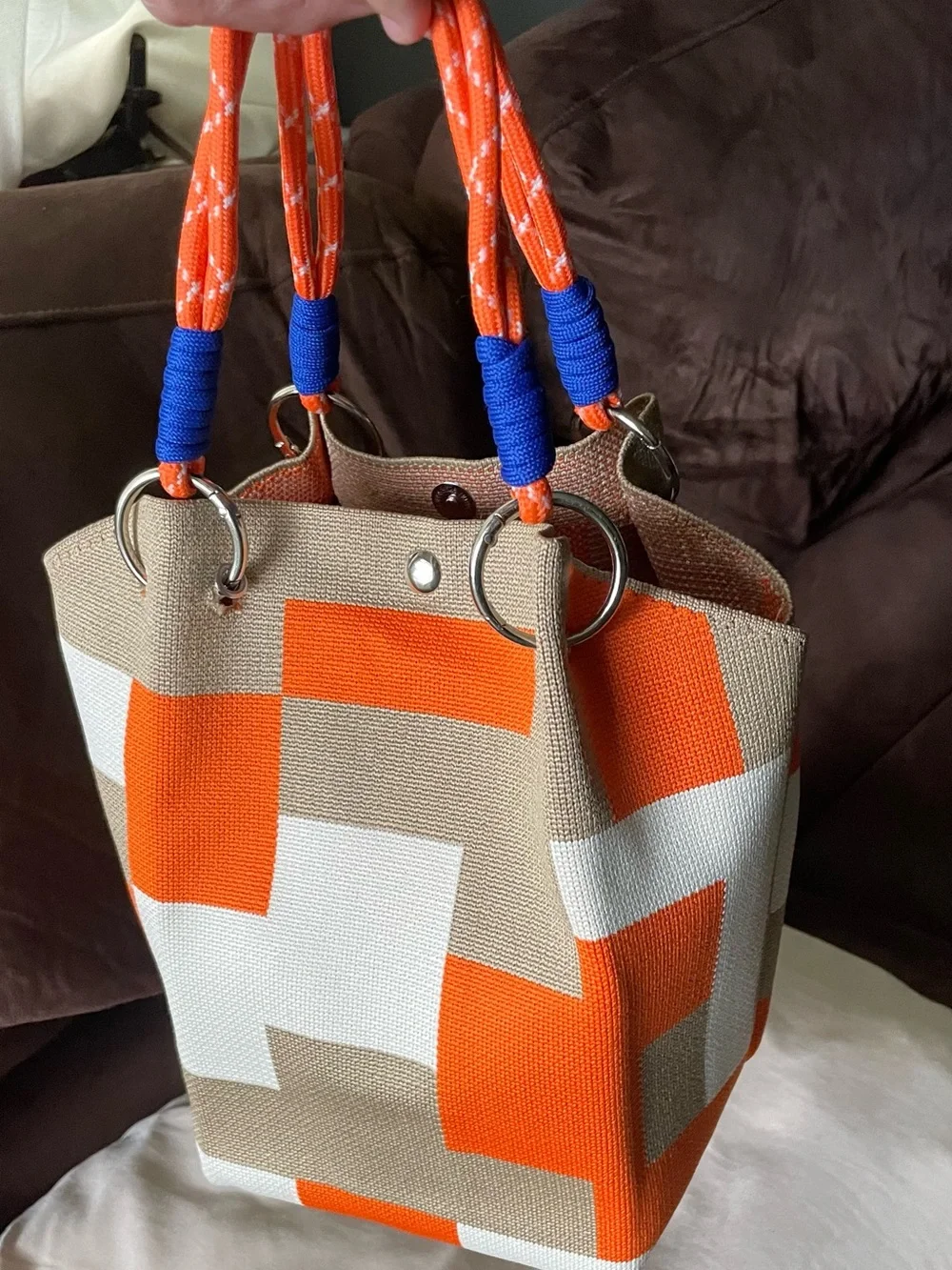 Canvas Tote Bag in Orange, White & Tan